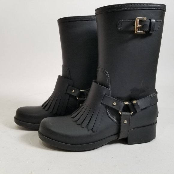 Massimo Dutti Rain Boot Tall Rubber Fringe Black Ring Strap US 6.5  EUR 37 - Picture 6 of 16